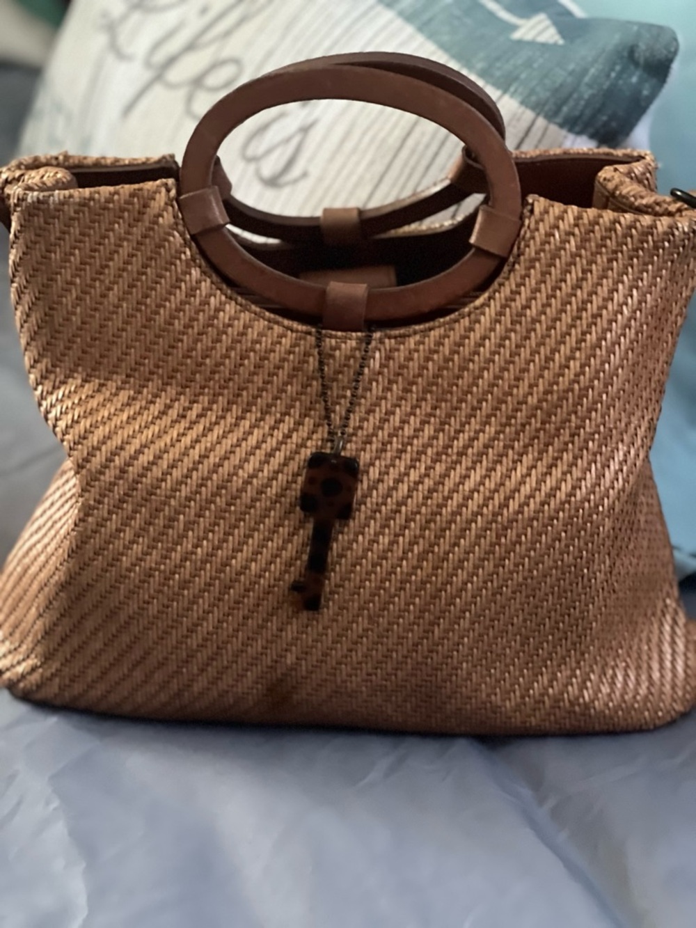 Fossil Tan Woven Tote with Dark Brown Handles (missing shoulder strap)